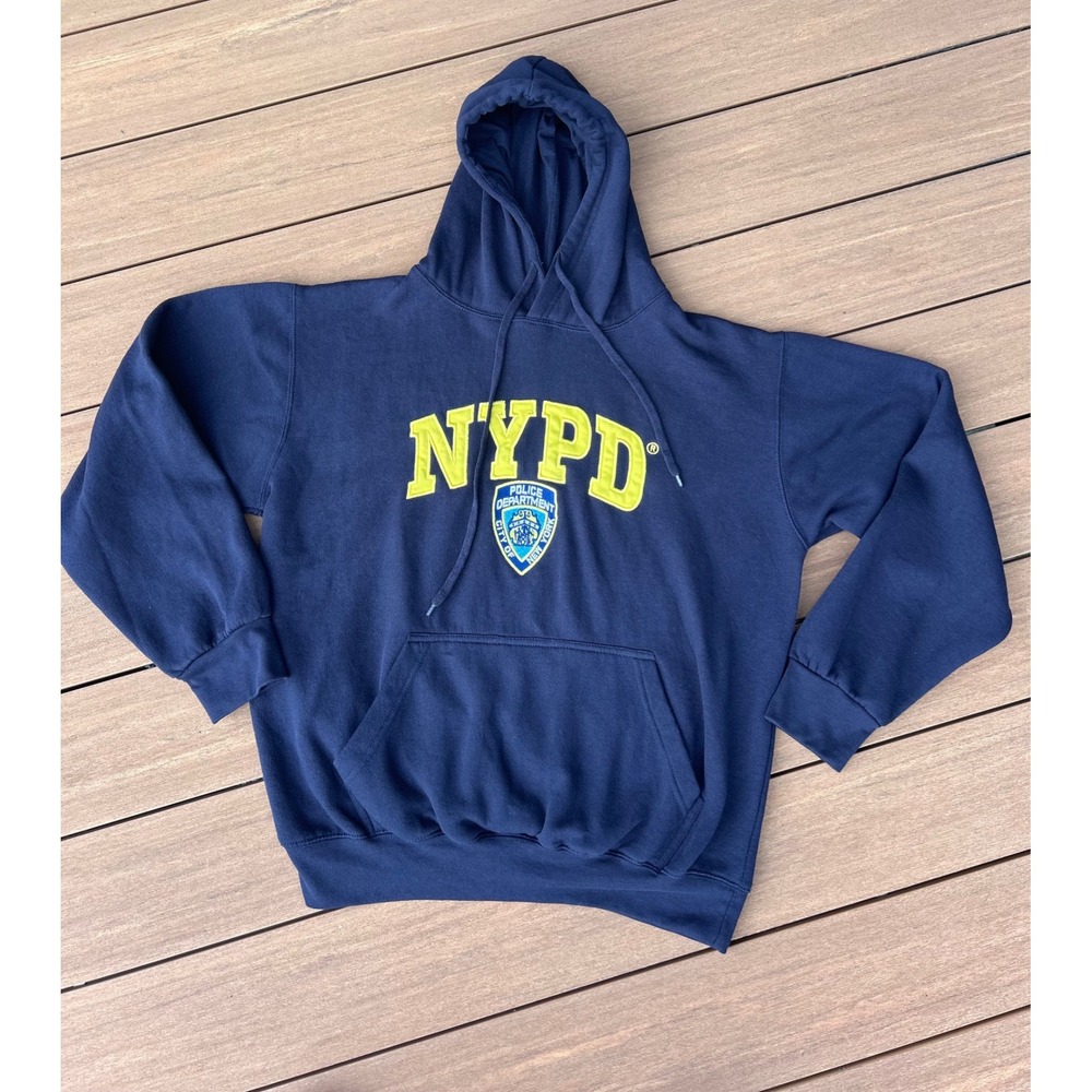 NYPD Navy Blue Pullover Hoodie Mens L Solid Fleece Sweatshirt Kangaroo Pocket